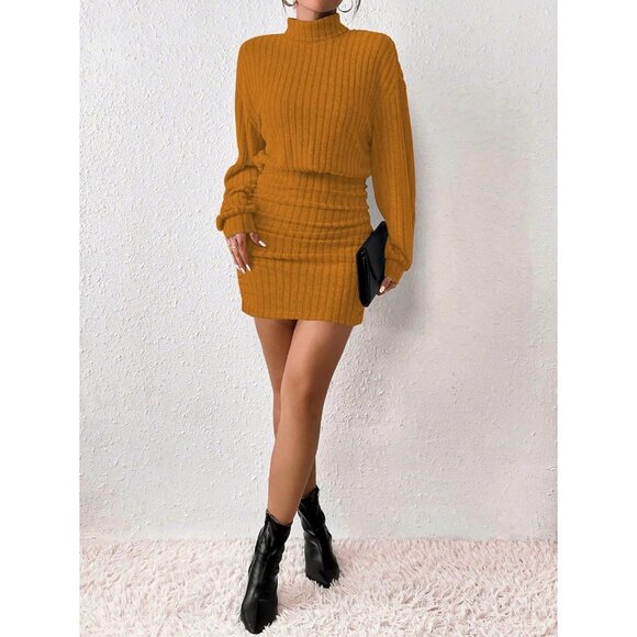 Women Orange Long Sleeve Turtle Neck Cute Ribbed Knit Pullover Sweater Dress - Picture 5 of 5